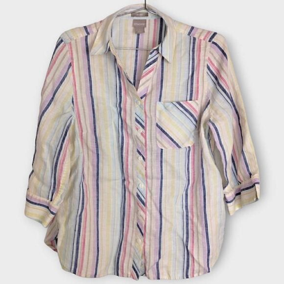 Chicos Womens Top Sz 8 Linen Stripes 3/4‎ Sleeves Button Front Pocket Casual - Picture 1 of 10